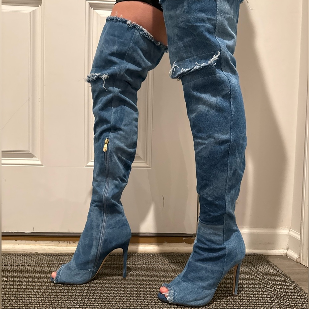 DENIM Over-the-Knee Peep-Toe Boots - Blue - Picture 4 of 9